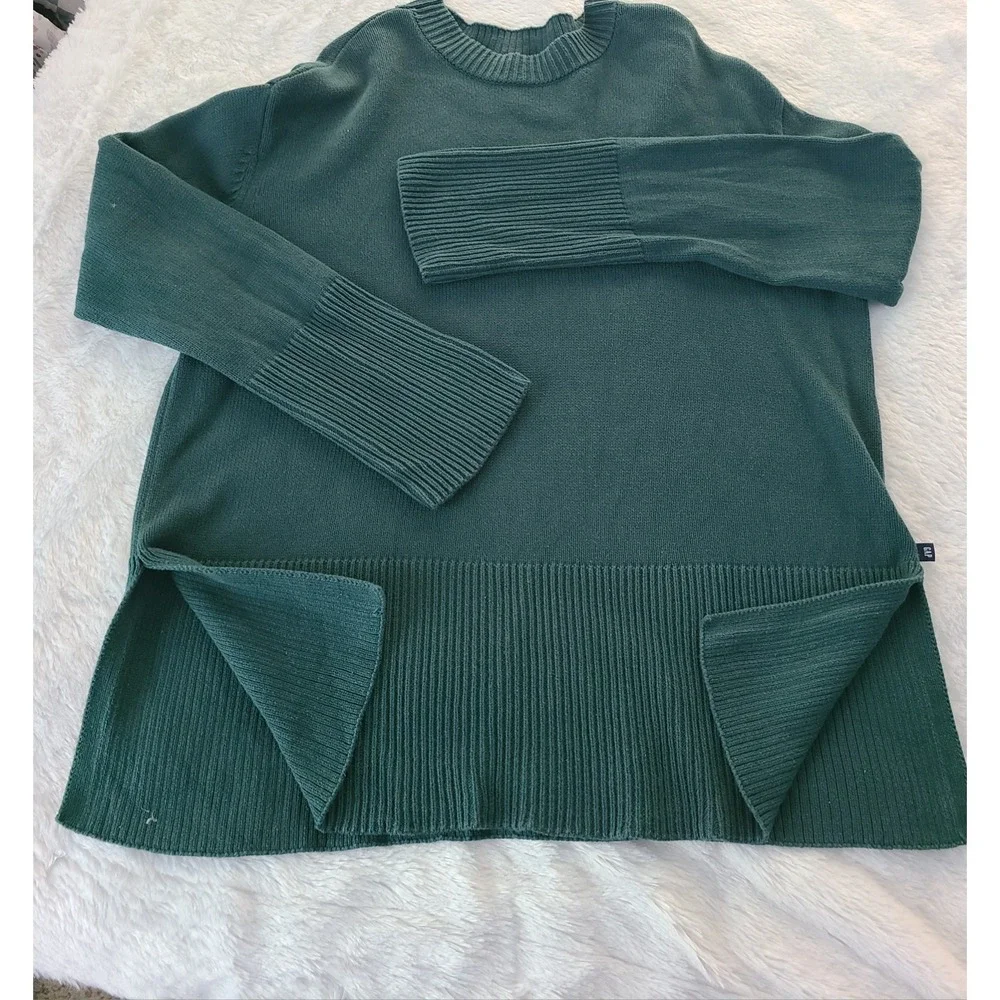 GAP Womens Forest Green Ribbed Crew Neck Side Slit Pullover Sweater Large